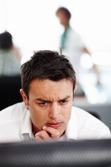 Computer, face and thinking with business man in office for problem solving or programming error. 404. confused and glitch with professional web developer in workplace for compliance or regulations
