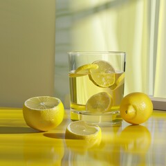 Poster - Glass of water with lemon slices, lemons on yellow table.