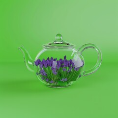 Sticker - Glass teapot filled with lavender flowers on a green background.