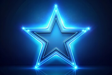 Wall Mural - blue star glowing blue neon with curved light lines and sparkle on dark blue background. award conce