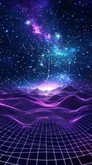 Poster - An abstract landscape in ultraviolet on a dark background. Purple cyberspace grid. Hi-tech network. Outer space. Violet starry outer space texture. 3D graphic.