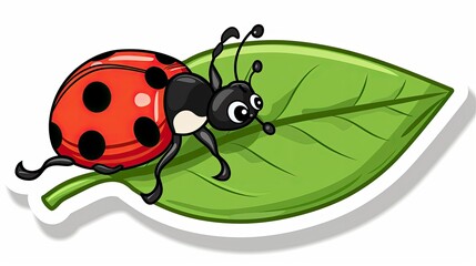 Sticker - Cute cartoon ladybug on a leaf