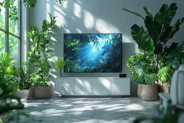 Wall Mural - Mockup of a smart TV with an empty blue screen on a cabinet in a contemporary living room, combining digital 3D illustration with matte painting.