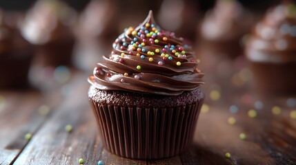 Wall Mural - Decadent Chocolate Cupcake with Creamy Frosting and Festive Sprinkles