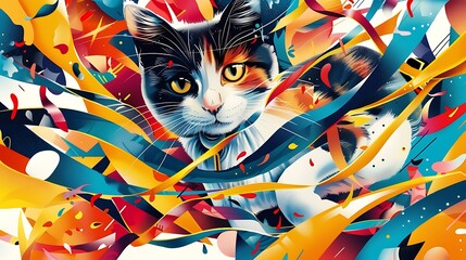 Wall Mural - A whimsical illustration of a cat playing with abstract ribbons and shapes, set against a background of vibrant colors and playful patterns that create a lively scene. 8k UHD, suitable for high-qualit