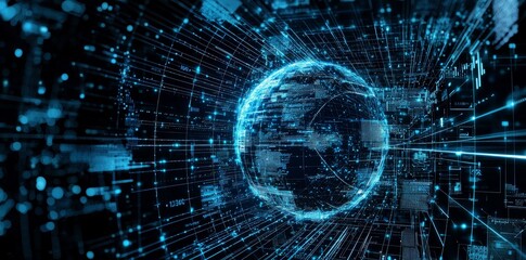 Poster - A global network connection and innovation concept with a screen texture of abstract global statistics on a digital interface on a dark technological background, with a world map on a dark