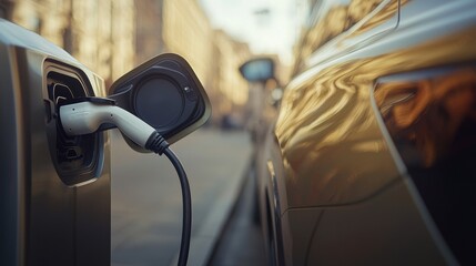 Poster - Charge station for electric vehicles with power cable supply plugged-in station, EV charging station, Green Energy, Blue Energy, Electric Energy, Technology and EV Car Concept.