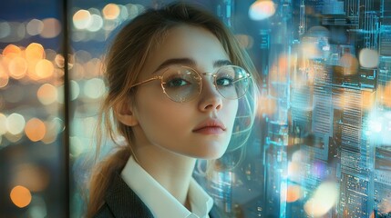 Leinwandbilder - A businesswoman engineer communicates source code for building the virtual hud, holograms, stock, and the marketing of the enterprise