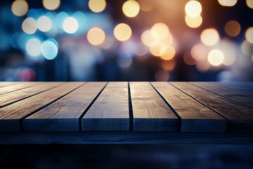 Leinwandbilder - An empty brown wooden floor or wooden board table with bokeh nightlight background, copy space for displaying products or objects, stock photos