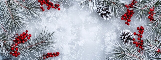 Aufkleber - Framed by branches with frost-covered berries and snow-covered board.