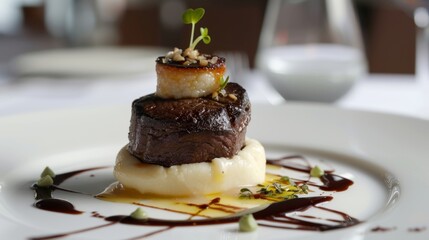 Sticker - Gourmet meal with a seared steak, mashed potatoes, and a garnish.