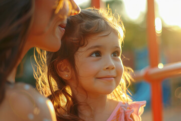 Poster - Excited happy children playing outdoors alone with friends mom dad family, urban city town modern playground, Generative AI