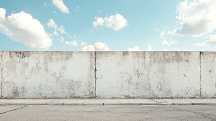 Poster - A city street with a long concrete wall covered in white plaster featuring copy space and mockups