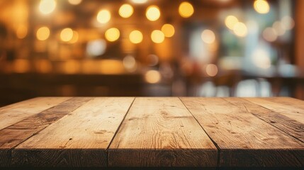 Fototapete - With an empty wooden table, this blurred coffee shop and restaurant interior background is perfect for displaying products or montage.