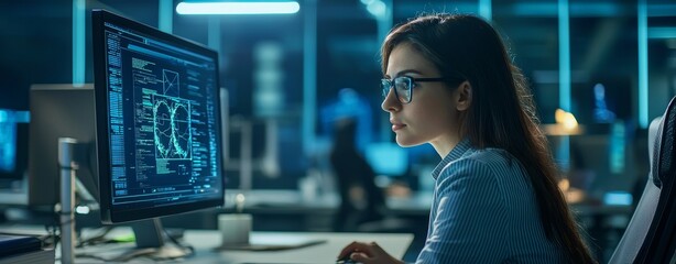 Poster - The expert in data coding uses cloud computing management control hud ui gui interface hologram interface to work in the workshop studio office on a laptop computer