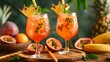 © AImg - Pineapple maracuya cocktails in elegant glassware closeup image. Aperol spritz beverages surrounded by tropical fruits close up photography. Party mocktail concept photo realistic