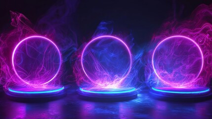 Fototapete - Stunning modern energy stage with sound waves, plexus lines, stardust and arch sparkle. 3D magic technology neon glow hud platform element.