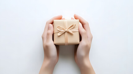 Woman hands holding small gift box isolated on a white background, top view