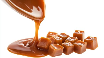 Poster - Flying salty caramel candy topped with salt crystals and poured caramel sauce: Stock photo