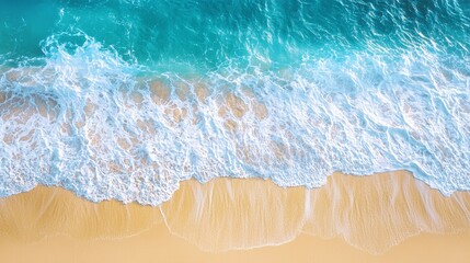 Poster - Stunning aerial footage of ocean waves reaching shore Beach with aerial drone Beach clear turquoise top view Beautiful beach: Stock