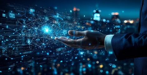 Leinwandbilder - A businessman using a thin line interface and tech devices