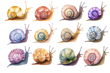 Wall Mural - Multicolored snail watercolor collection isolated on white background