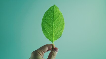 Poster - Hand holding a green leaf against a blue background.