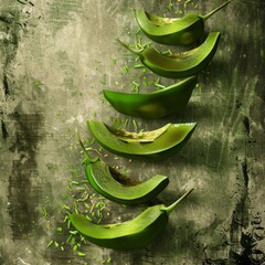 Canvas Print - Green pepper slices falling on a rustic background.