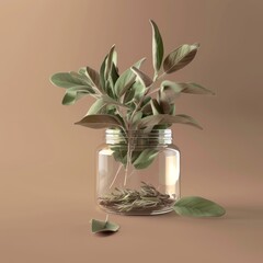 Sticker - Green sage leaves in a glass jar with a tan background.