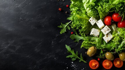 An in-depth top down view of Greek salad with olives, tomatoes, and goat cheese on a dark black stone texture background