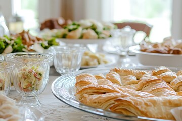 Home family dinner table with traditional French food and drink