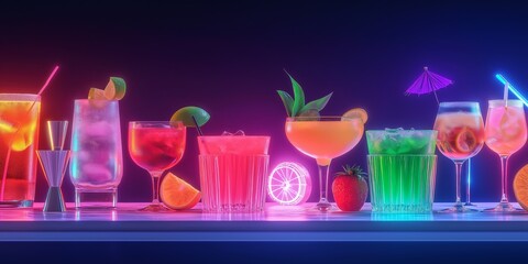 Wall Mural - A row of colorful drinks with umbrellas and straws