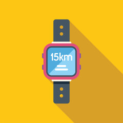 Wall Mural - Smart watch displaying fifteen kilometers distance with long shadow on yellow background