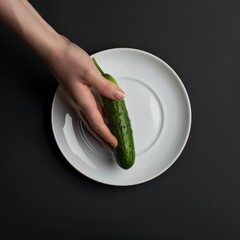 Wall Mural - Hand holding a cucumber over a white plate against a black background.