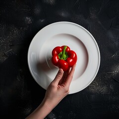 Canvas Print - Hand holding red bell pepper over white plate on black background.