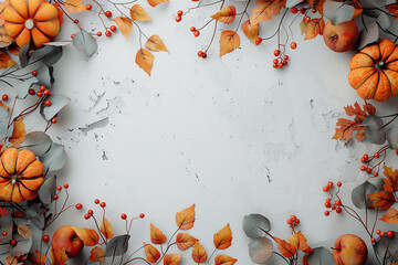 Wall Mural - pumpkins, autumn leaves, berries, and pine cones on a light background