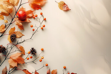Wall Mural - pumpkins, autumn leaves, berries, and pine cones on a light background