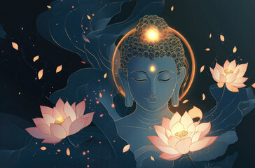 Wall Mural - the Buddha's head with lotus flowers, with an elegant gold and blue color scheme against a dark background. 