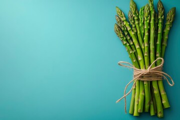 Fresh Green Asparagus Spears Tied with Twine on Blue Background