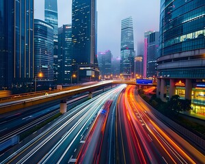 Wall Mural - light trails of cars moving fast on the highway with skyscrapers