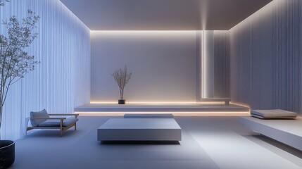 Minimalist, modern interior with soft, ambient lighting and simple decor, creating a calm and contemplative space for silent reverie.