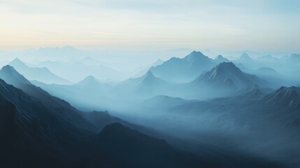 Wall Mural - Mountain range fading into the distance, with mist shrouding the far horizon, creating a sense of mystery and endless exploration.