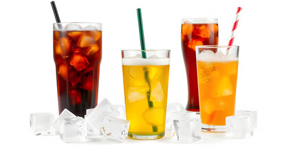 Wall Mural - Ice cubes and different soda drinks on white background isolated with white highlights, png