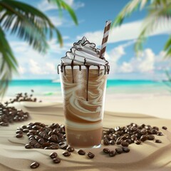 Sticker - Iced coffee with whipped cream and chocolate drizzle on a sandy beach.