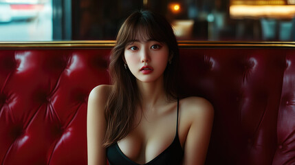 Poster - A beautiful Korean woman in a black dress, with long hair and bangs, sitting on a red velvet sofa in a luxurious restaurant.