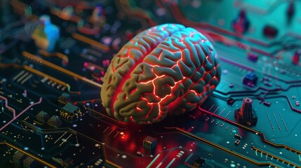 Wall Mural - Human brain glowing on a circuit board, representing AI and technology.