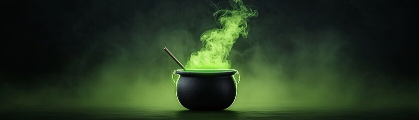 a neon light display of a cauldron bubbling with bright green neon light, with a dark background and