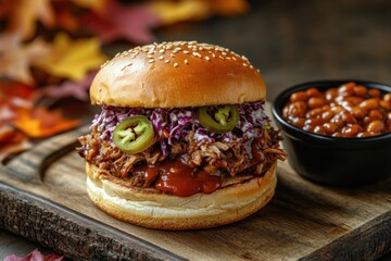 Delicious pulled pork burger being served on rustic wooden board