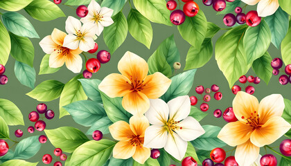 Watercolor seamless pattern with green leaves, summer flowers and cloudberry berries. Elegant sumer flora. Botanical background isolated with white highlights, png