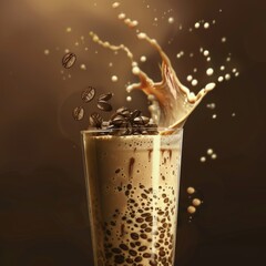 Wall Mural - Iced coffee with coffee beans splash.